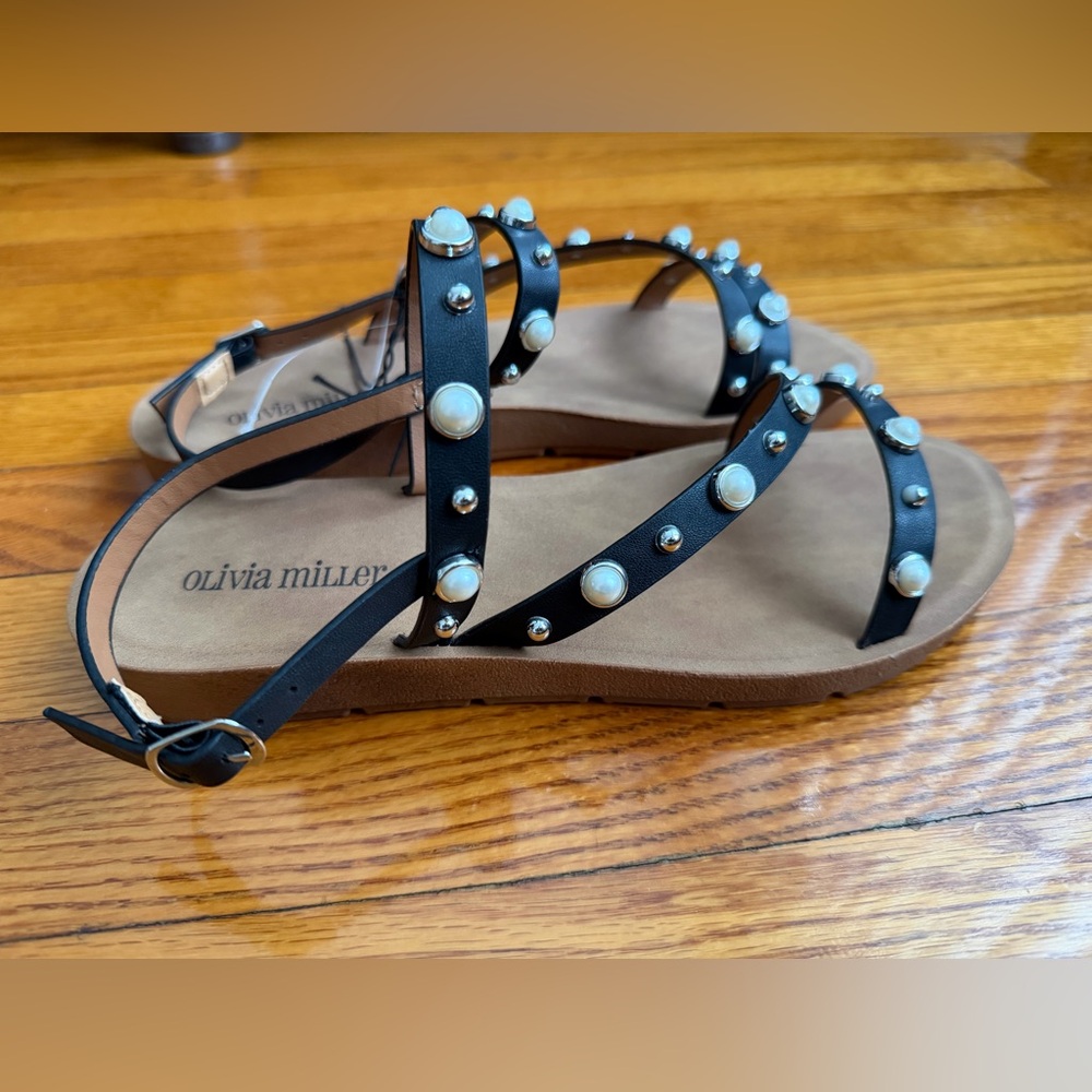 Olivia Miller Black Sandals with White Pearl Details